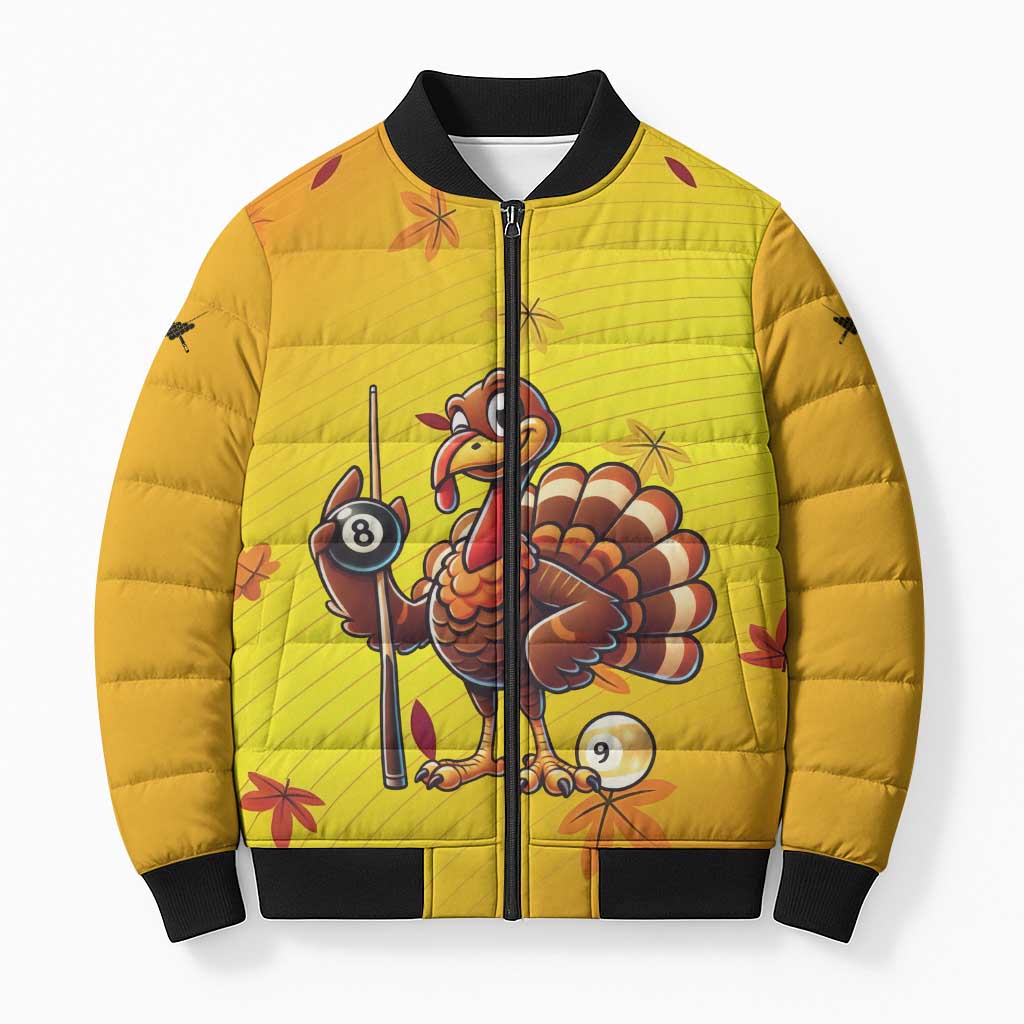 Personalized Funny Turkey Billiards Bomber Puffer Jacket with Pool Cue and Balls Thanksgiving Design - Wonder Print Shop