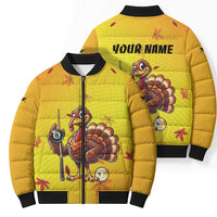 Personalized Funny Turkey Billiards Bomber Puffer Jacket with Pool Cue and Balls Thanksgiving Design - Wonder Print Shop