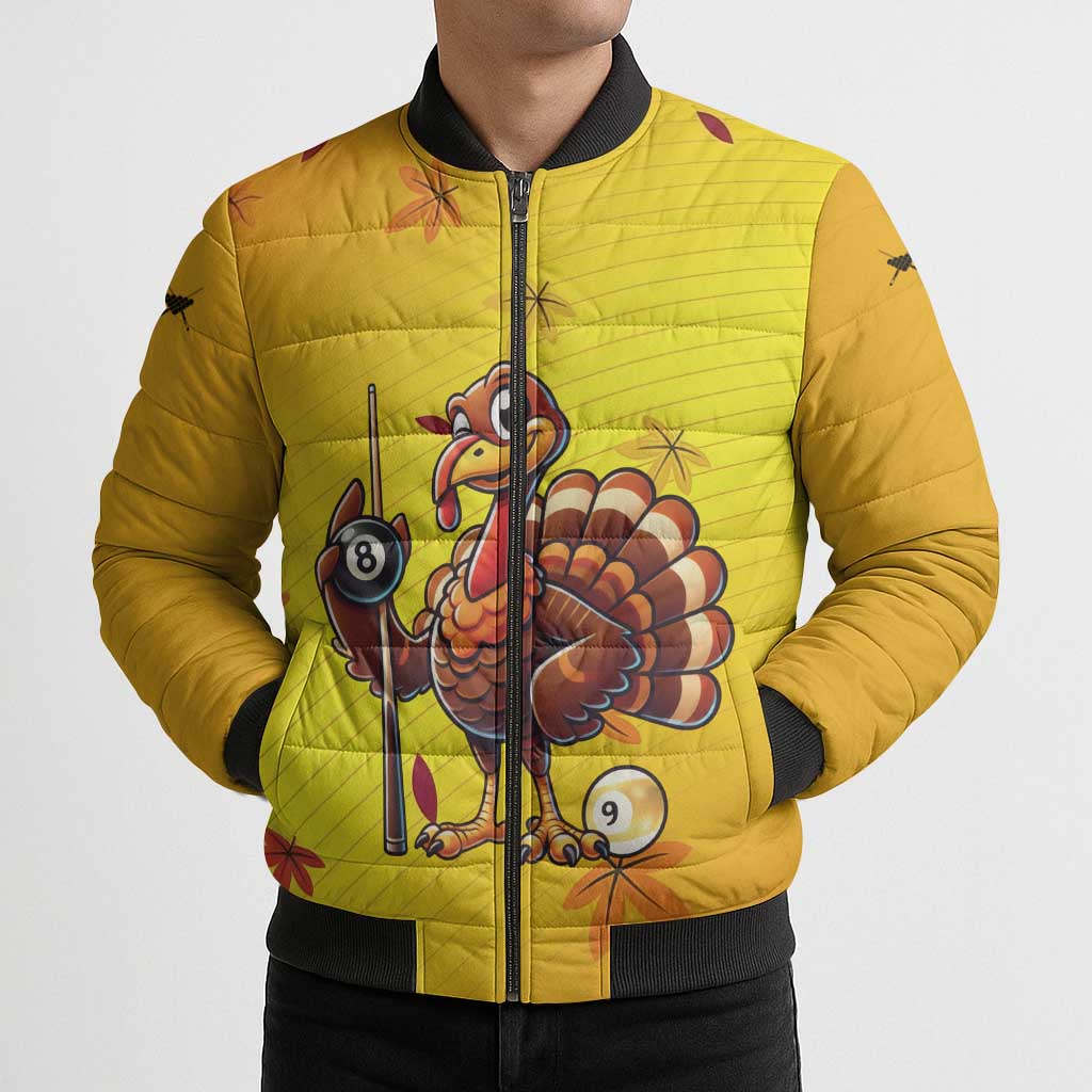 Personalized Funny Turkey Billiards Bomber Puffer Jacket with Pool Cue and Balls Thanksgiving Design - Wonder Print Shop