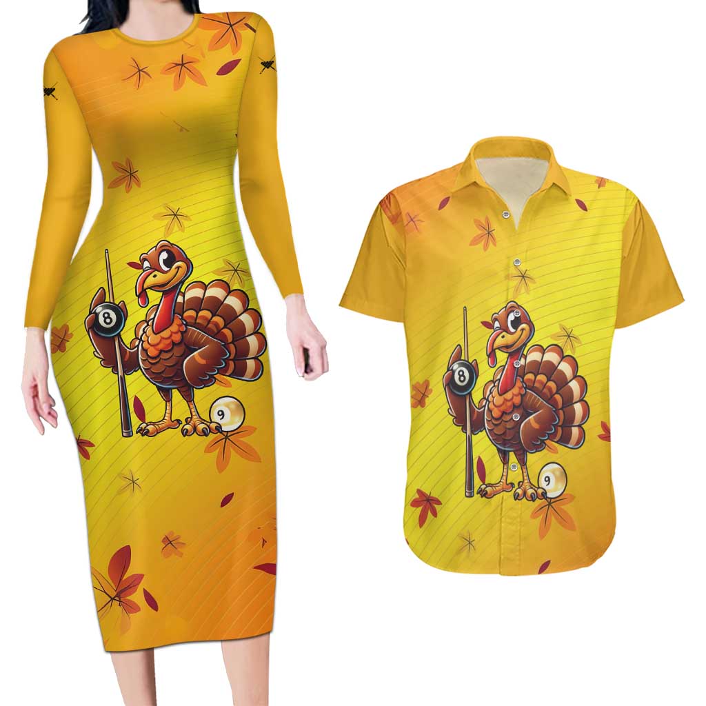 Personalized Funny Turkey Billiards Couples Matching Long Sleeve Bodycon Dress and Hawaiian Shirt with Pool Cue and Balls Thanksgiving Design - Wonder Print Shop