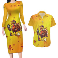 Personalized Funny Turkey Billiards Couples Matching Long Sleeve Bodycon Dress and Hawaiian Shirt with Pool Cue and Balls Thanksgiving Design - Wonder Print Shop