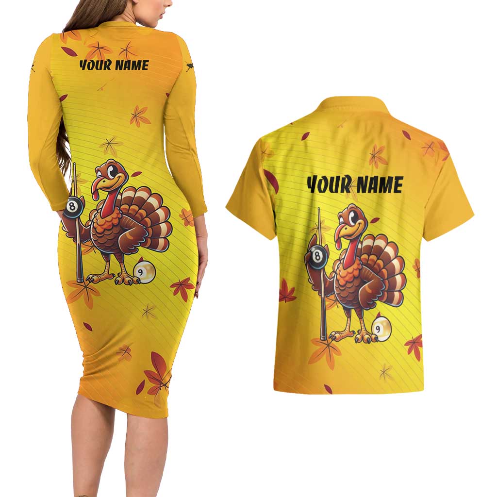 Personalized Funny Turkey Billiards Couples Matching Long Sleeve Bodycon Dress and Hawaiian Shirt with Pool Cue and Balls Thanksgiving Design - Wonder Print Shop