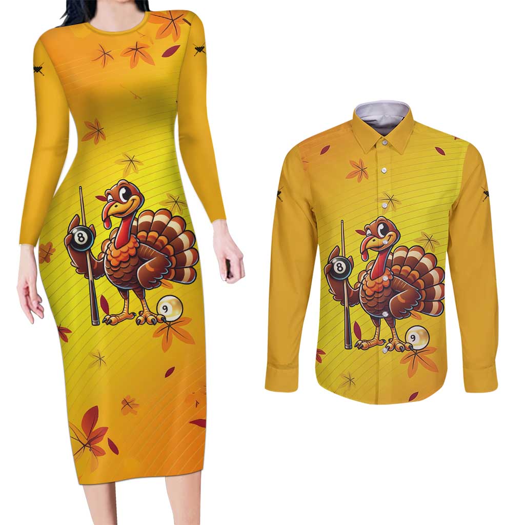 Personalized Funny Turkey Billiards Couples Matching Long Sleeve Bodycon Dress and Long Sleeve Button Shirt with Pool Cue and Balls Thanksgiving Design - Wonder Print Shop
