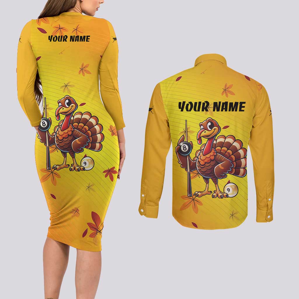 Personalized Funny Turkey Billiards Couples Matching Long Sleeve Bodycon Dress and Long Sleeve Button Shirt with Pool Cue and Balls Thanksgiving Design - Wonder Print Shop