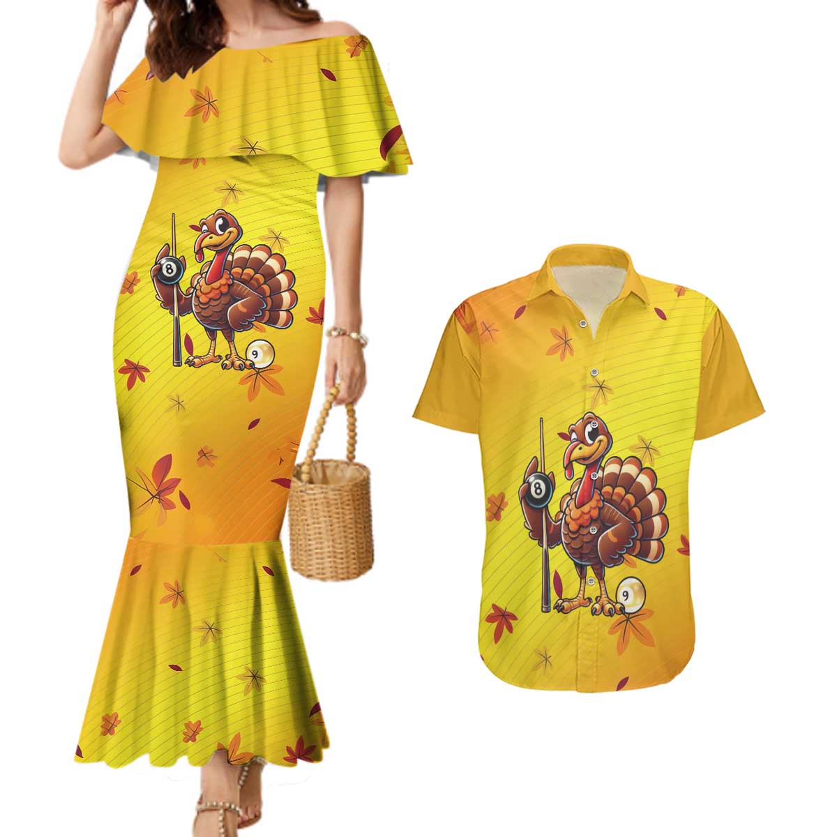 Personalized Funny Turkey Billiards Couples Matching Mermaid Dress and Hawaiian Shirt with Pool Cue and Balls Thanksgiving Design - Wonder Print Shop