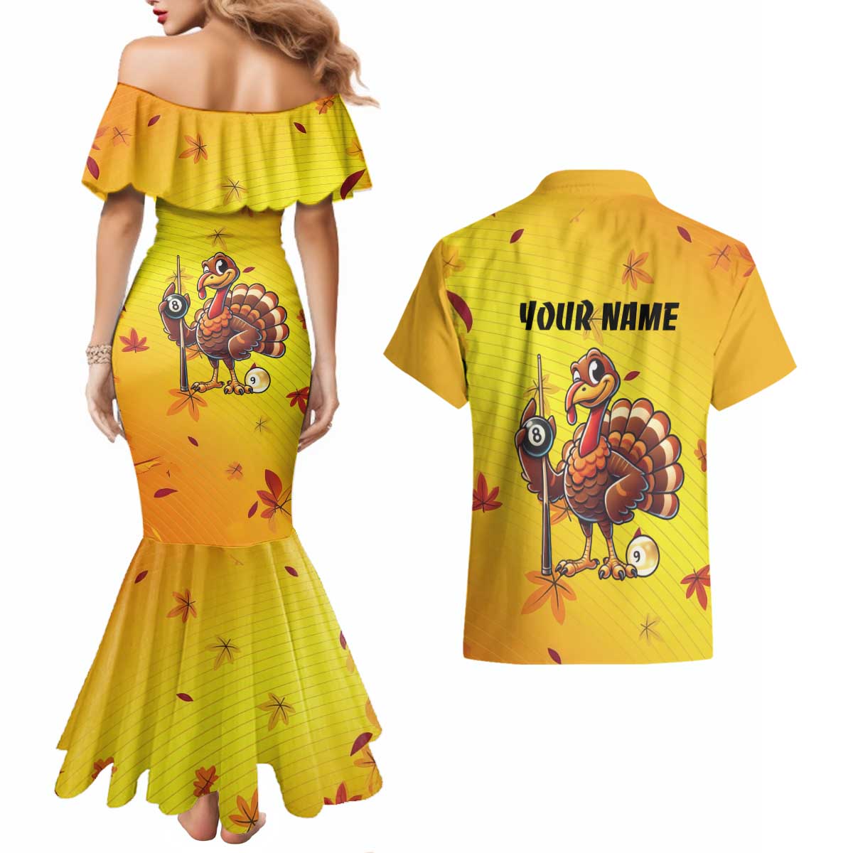 Personalized Funny Turkey Billiards Couples Matching Mermaid Dress and Hawaiian Shirt with Pool Cue and Balls Thanksgiving Design - Wonder Print Shop