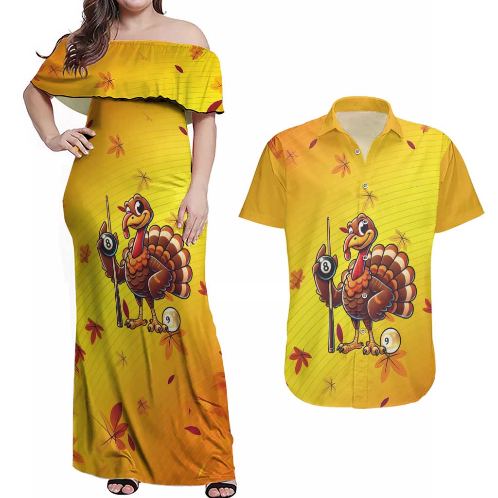 Personalized Funny Turkey Billiards Couples Matching Off Shoulder Maxi Dress and Hawaiian Shirt with Pool Cue and Balls Thanksgiving Design - Wonder Print Shop
