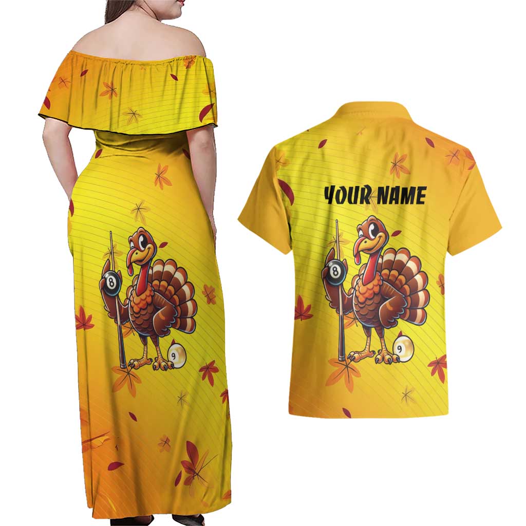 Personalized Funny Turkey Billiards Couples Matching Off Shoulder Maxi Dress and Hawaiian Shirt with Pool Cue and Balls Thanksgiving Design - Wonder Print Shop