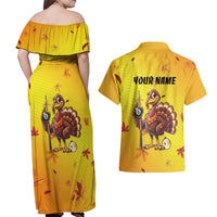 Personalized Funny Turkey Billiards Couples Matching Off Shoulder Maxi Dress and Hawaiian Shirt with Pool Cue and Balls Thanksgiving Design - Wonder Print Shop