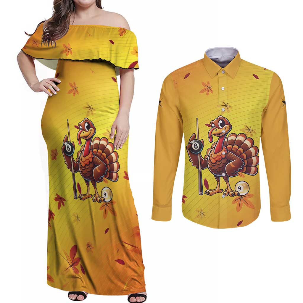 Personalized Funny Turkey Billiards Couples Matching Off Shoulder Maxi Dress and Long Sleeve Button Shirt with Pool Cue and Balls Thanksgiving Design - Wonder Print Shop