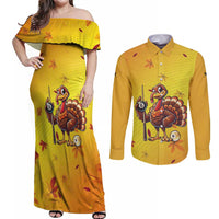 Personalized Funny Turkey Billiards Couples Matching Off Shoulder Maxi Dress and Long Sleeve Button Shirt with Pool Cue and Balls Thanksgiving Design - Wonder Print Shop