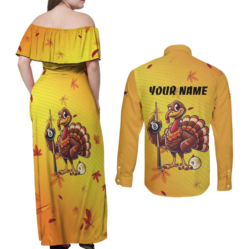 Personalized Funny Turkey Billiards Couples Matching Off Shoulder Maxi Dress and Long Sleeve Button Shirt with Pool Cue and Balls Thanksgiving Design - Wonder Print Shop