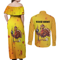 Personalized Funny Turkey Billiards Couples Matching Off Shoulder Maxi Dress and Long Sleeve Button Shirt with Pool Cue and Balls Thanksgiving Design - Wonder Print Shop