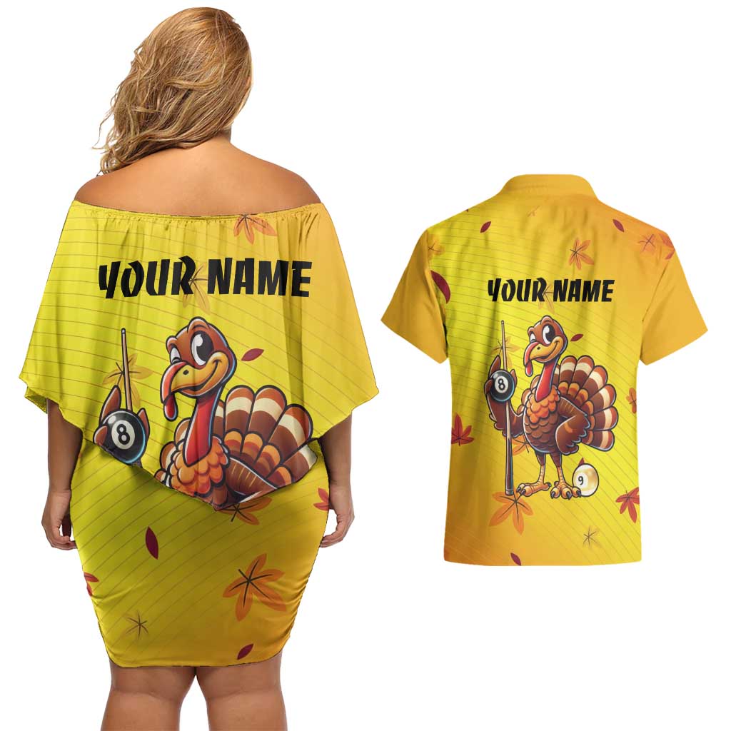 Personalized Funny Turkey Billiards Couples Matching Off Shoulder Short Dress and Hawaiian Shirt with Pool Cue and Balls Thanksgiving Design - Wonder Print Shop