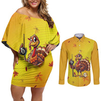 Personalized Funny Turkey Billiards Couples Matching Off Shoulder Short Dress and Long Sleeve Button Shirt with Pool Cue and Balls Thanksgiving Design - Wonder Print Shop