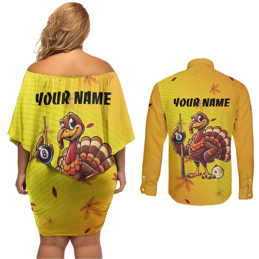 Personalized Funny Turkey Billiards Couples Matching Off Shoulder Short Dress and Long Sleeve Button Shirt with Pool Cue and Balls Thanksgiving Design - Wonder Print Shop