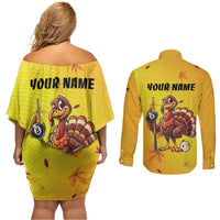 Personalized Funny Turkey Billiards Couples Matching Off Shoulder Short Dress and Long Sleeve Button Shirt with Pool Cue and Balls Thanksgiving Design - Wonder Print Shop