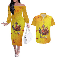 Personalized Funny Turkey Billiards Couples Matching Off The Shoulder Long Sleeve Dress and Hawaiian Shirt with Pool Cue and Balls Thanksgiving Design - Wonder Print Shop
