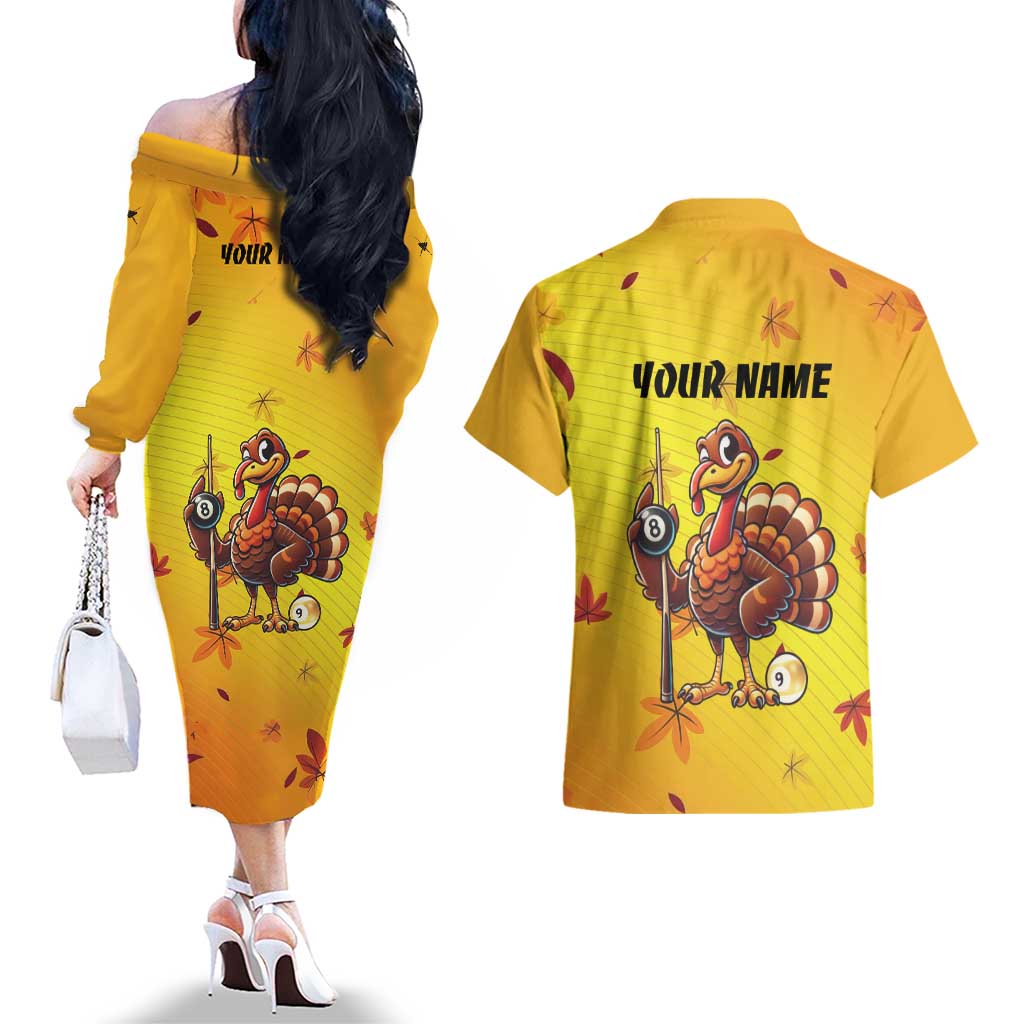 Personalized Funny Turkey Billiards Couples Matching Off The Shoulder Long Sleeve Dress and Hawaiian Shirt with Pool Cue and Balls Thanksgiving Design - Wonder Print Shop