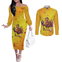 Personalized Funny Turkey Billiards Couples Matching Off The Shoulder Long Sleeve Dress and Long Sleeve Button Shirt with Pool Cue and Balls Thanksgiving Design - Wonder Print Shop