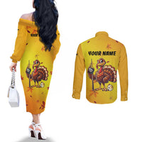 Personalized Funny Turkey Billiards Couples Matching Off The Shoulder Long Sleeve Dress and Long Sleeve Button Shirt with Pool Cue and Balls Thanksgiving Design - Wonder Print Shop