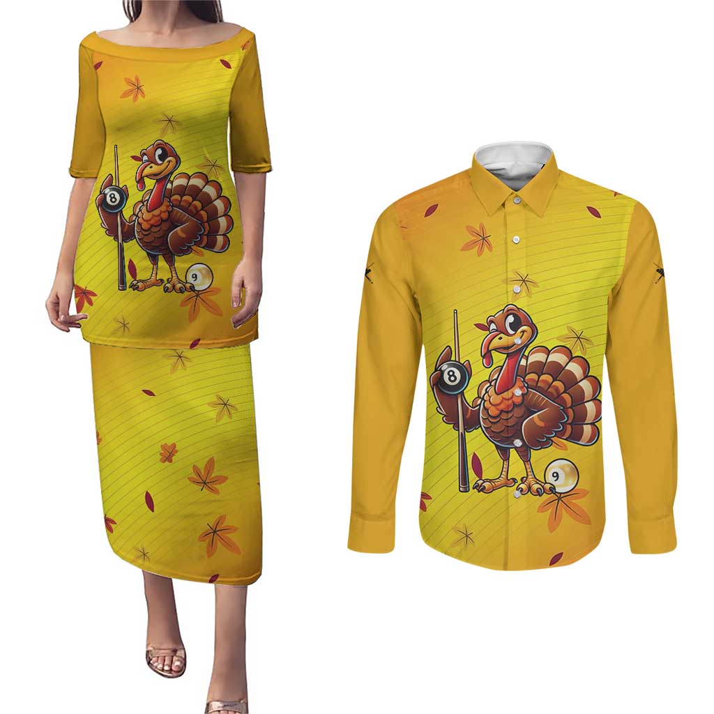 Personalized Funny Turkey Billiards Couples Matching Puletasi and Long Sleeve Button Shirt with Pool Cue and Balls Thanksgiving Design - Wonder Print Shop
