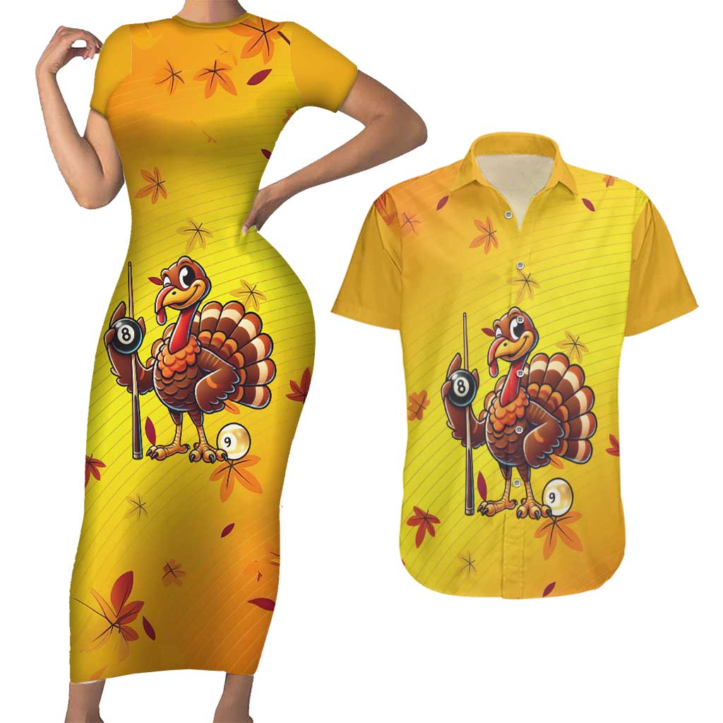 Personalized Funny Turkey Billiards Couples Matching Short Sleeve Bodycon Dress and Hawaiian Shirt with Pool Cue and Balls Thanksgiving Design - Wonder Print Shop