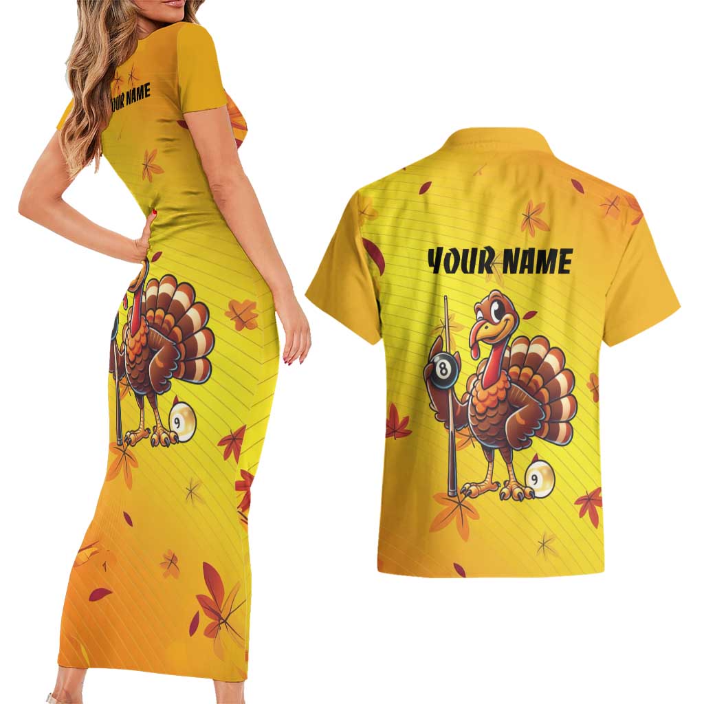 Personalized Funny Turkey Billiards Couples Matching Short Sleeve Bodycon Dress and Hawaiian Shirt with Pool Cue and Balls Thanksgiving Design - Wonder Print Shop