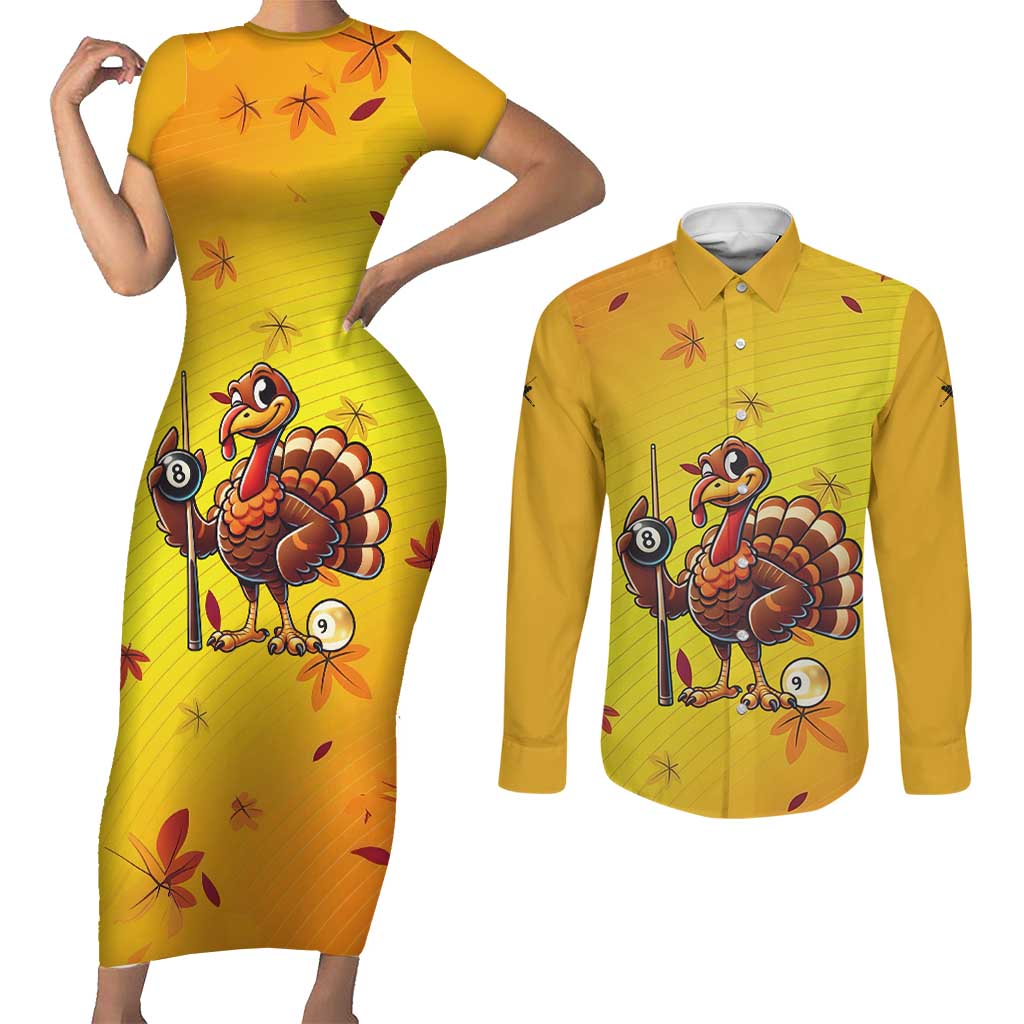 Personalized Funny Turkey Billiards Couples Matching Short Sleeve Bodycon Dress and Long Sleeve Button Shirt with Pool Cue and Balls Thanksgiving Design - Wonder Print Shop
