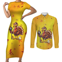 Personalized Funny Turkey Billiards Couples Matching Short Sleeve Bodycon Dress and Long Sleeve Button Shirt with Pool Cue and Balls Thanksgiving Design - Wonder Print Shop