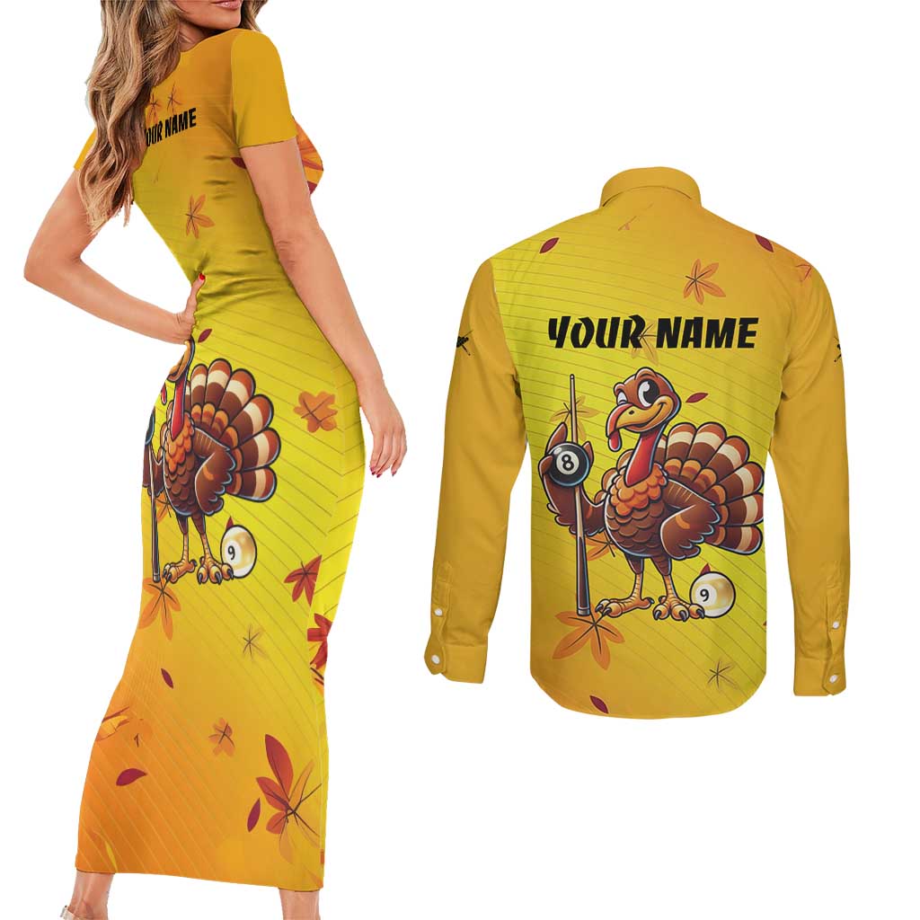 Personalized Funny Turkey Billiards Couples Matching Short Sleeve Bodycon Dress and Long Sleeve Button Shirt with Pool Cue and Balls Thanksgiving Design - Wonder Print Shop