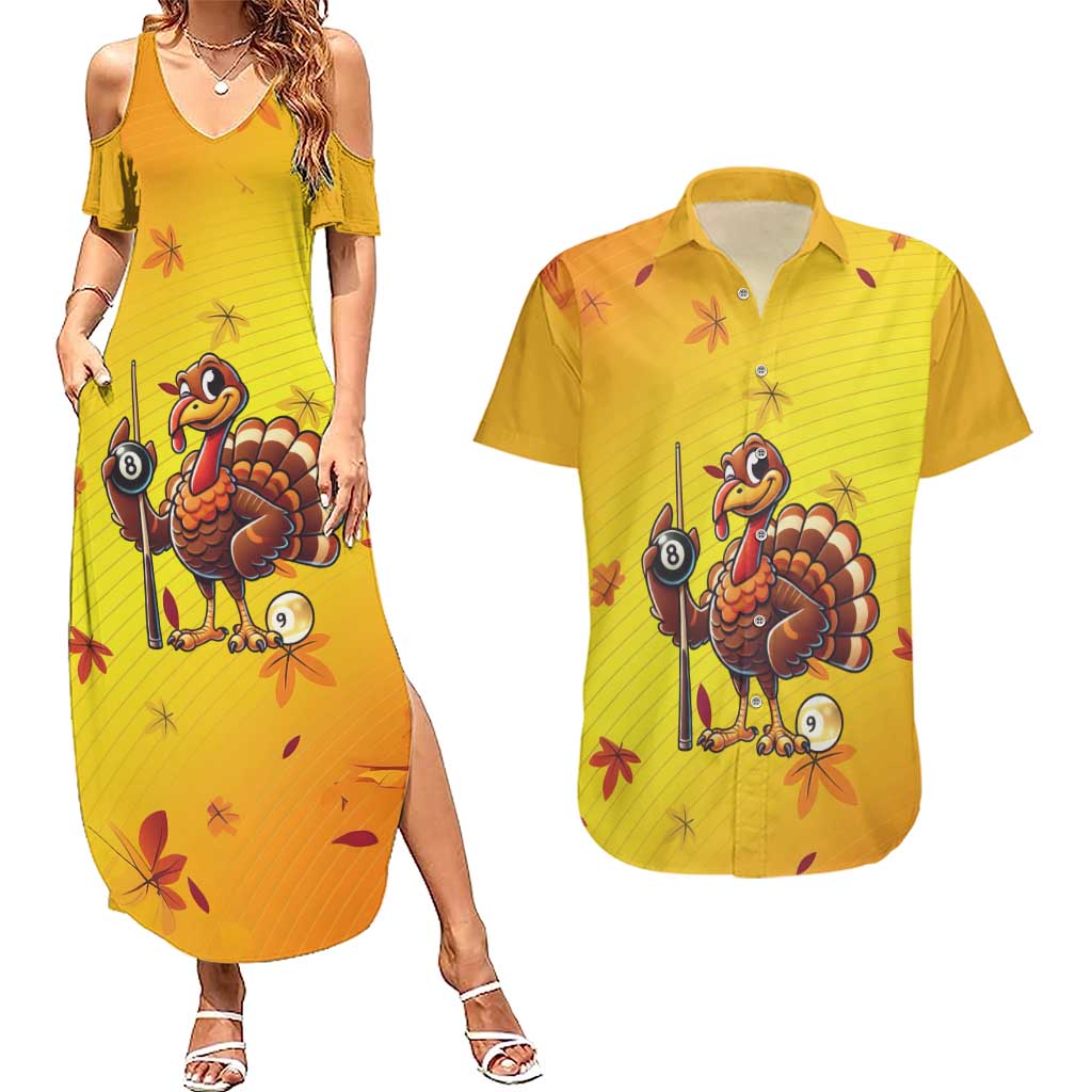 Personalized Funny Turkey Billiards Couples Matching Summer Maxi Dress and Hawaiian Shirt with Pool Cue and Balls Thanksgiving Design - Wonder Print Shop