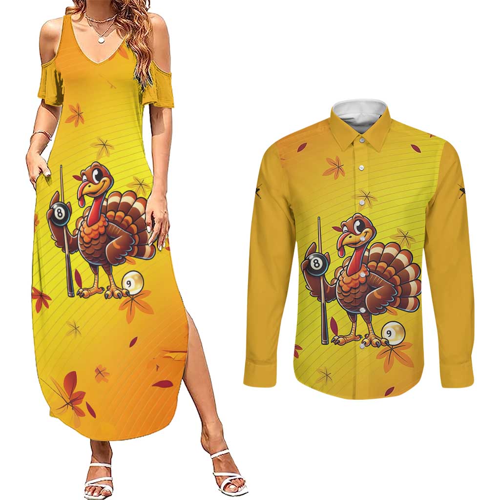 Personalized Funny Turkey Billiards Couples Matching Summer Maxi Dress and Long Sleeve Button Shirt with Pool Cue and Balls Thanksgiving Design - Wonder Print Shop