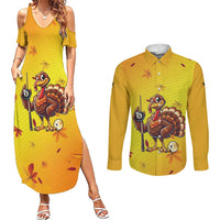 Personalized Funny Turkey Billiards Couples Matching Summer Maxi Dress and Long Sleeve Button Shirt with Pool Cue and Balls Thanksgiving Design - Wonder Print Shop