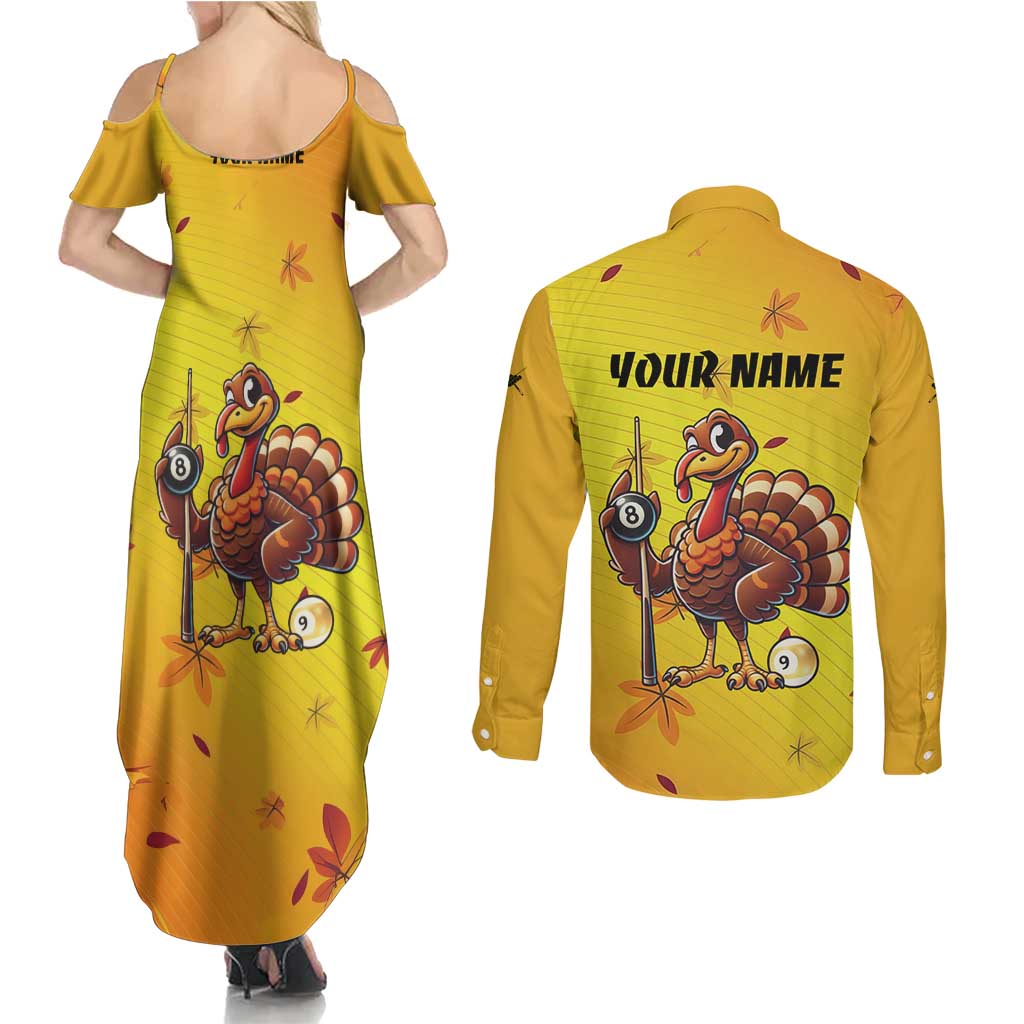 Personalized Funny Turkey Billiards Couples Matching Summer Maxi Dress and Long Sleeve Button Shirt with Pool Cue and Balls Thanksgiving Design - Wonder Print Shop