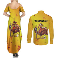 Personalized Funny Turkey Billiards Couples Matching Summer Maxi Dress and Long Sleeve Button Shirt with Pool Cue and Balls Thanksgiving Design - Wonder Print Shop