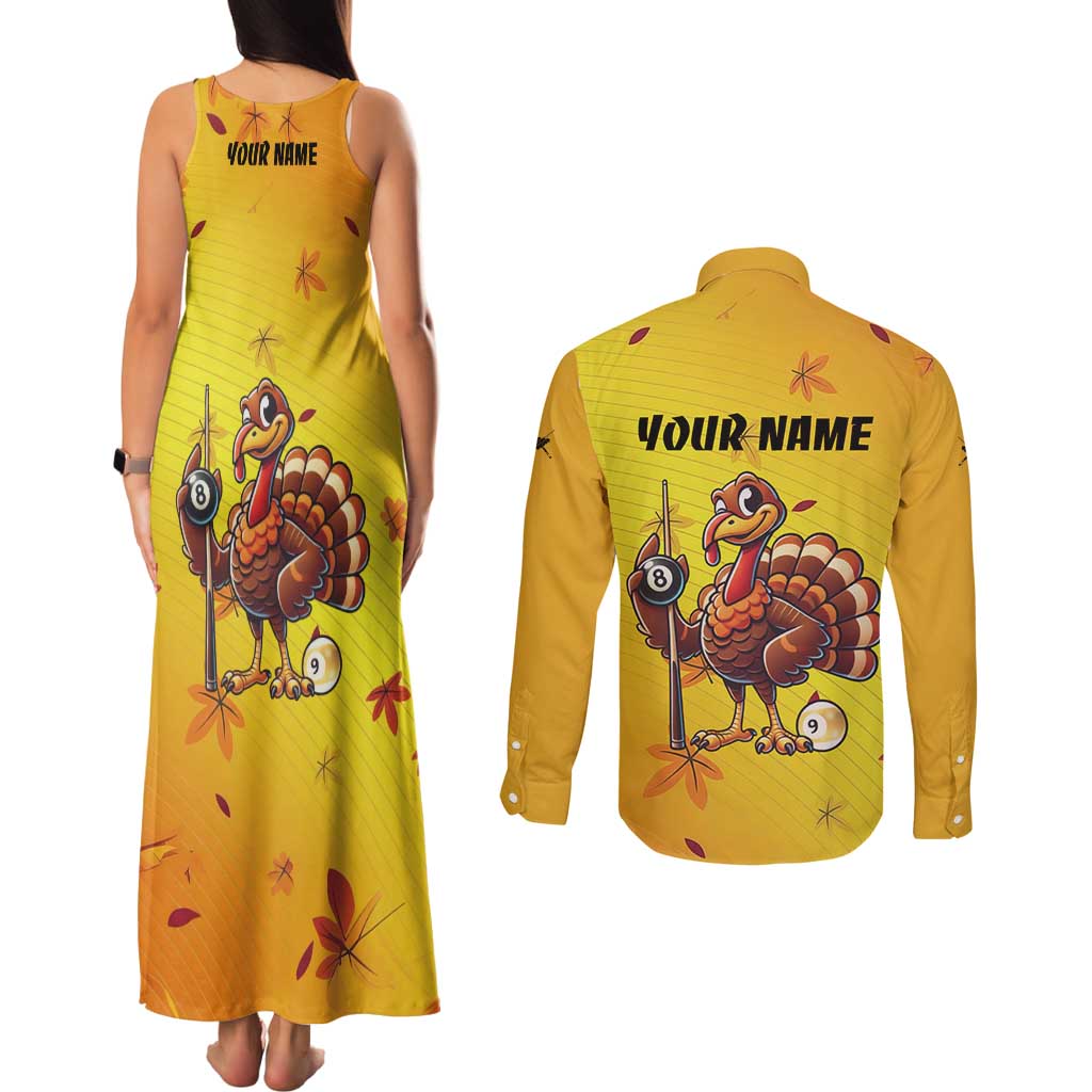 Personalized Funny Turkey Billiards Couples Matching Tank Maxi Dress and Long Sleeve Button Shirt with Pool Cue and Balls Thanksgiving Design - Wonder Print Shop