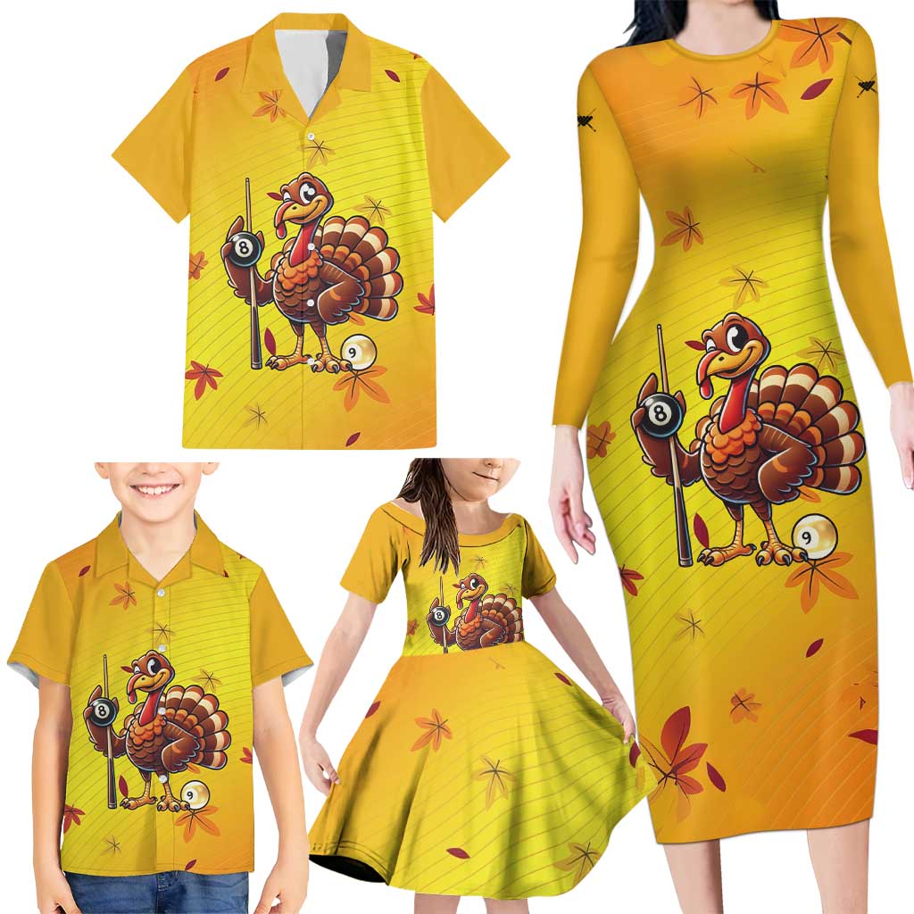 Personalized Funny Turkey Billiards Family Matching Long Sleeve Bodycon Dress and Hawaiian Shirt with Pool Cue and Balls Thanksgiving Design - Wonder Print Shop