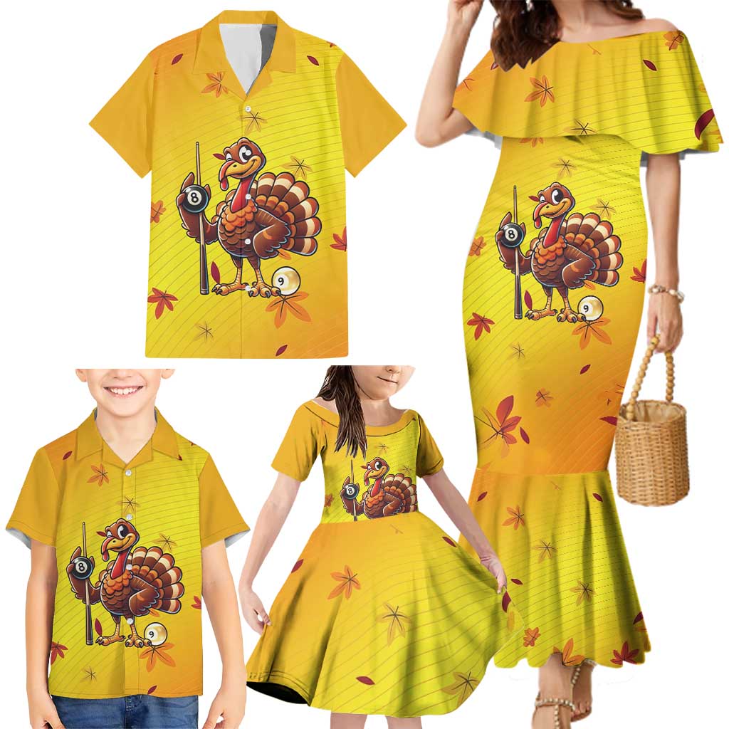 Personalized Funny Turkey Billiards Family Matching Mermaid Dress and Hawaiian Shirt with Pool Cue and Balls Thanksgiving Design - Wonder Print Shop