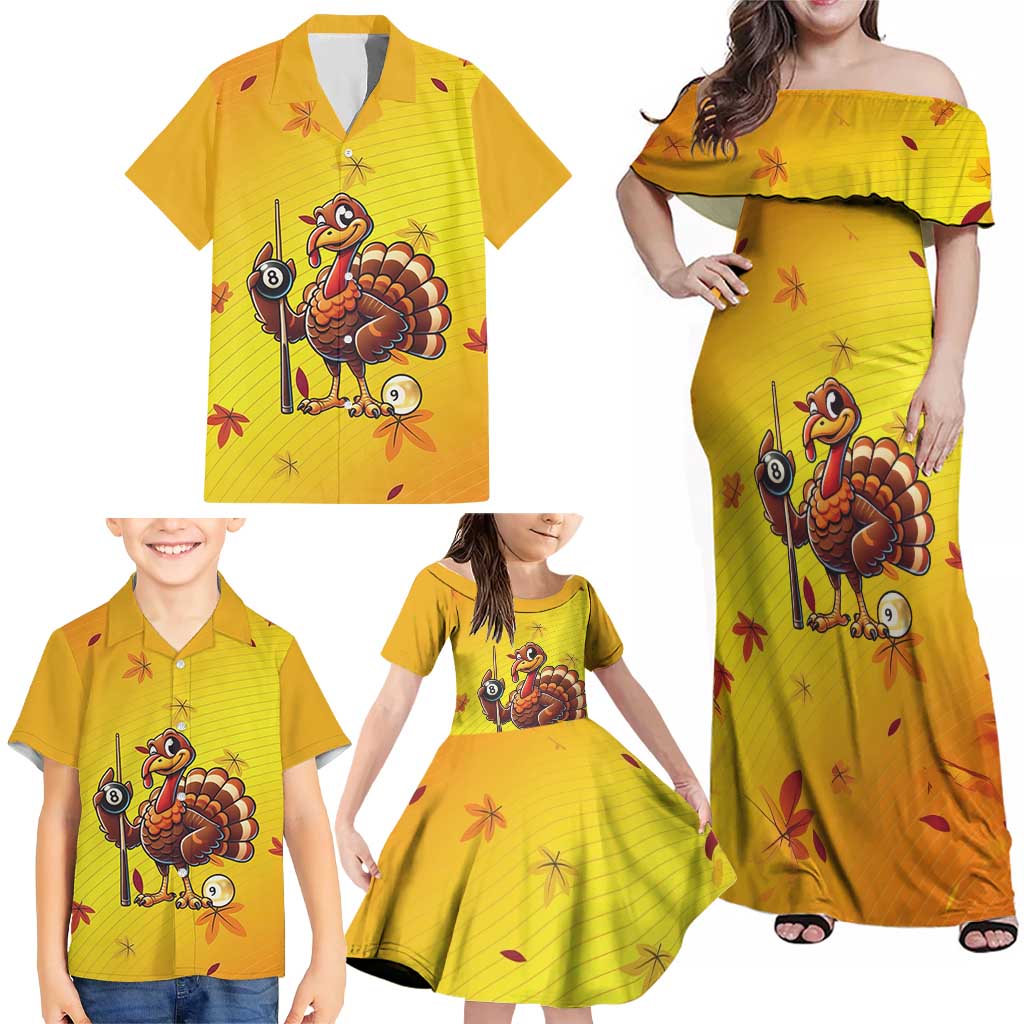Personalized Funny Turkey Billiards Family Matching Off Shoulder Maxi Dress and Hawaiian Shirt with Pool Cue and Balls Thanksgiving Design - Wonder Print Shop