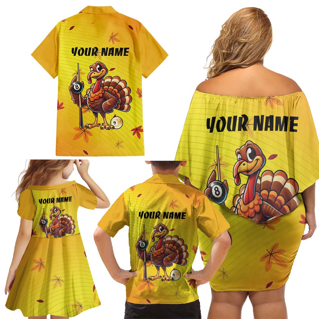 Personalized Funny Turkey Billiards Family Matching Off Shoulder Short Dress and Hawaiian Shirt with Pool Cue and Balls Thanksgiving Design - Wonder Print Shop
