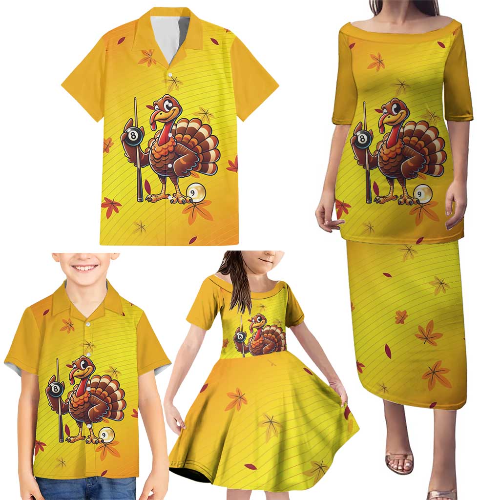 Personalized Funny Turkey Billiards Family Matching Puletasi and Hawaiian Shirt with Pool Cue and Balls Thanksgiving Design - Wonder Print Shop