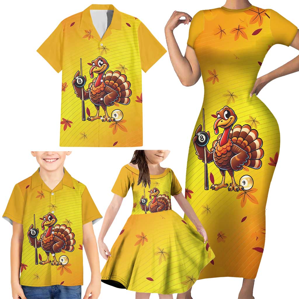 Personalized Funny Turkey Billiards Family Matching Short Sleeve Bodycon Dress and Hawaiian Shirt with Pool Cue and Balls Thanksgiving Design - Wonder Print Shop