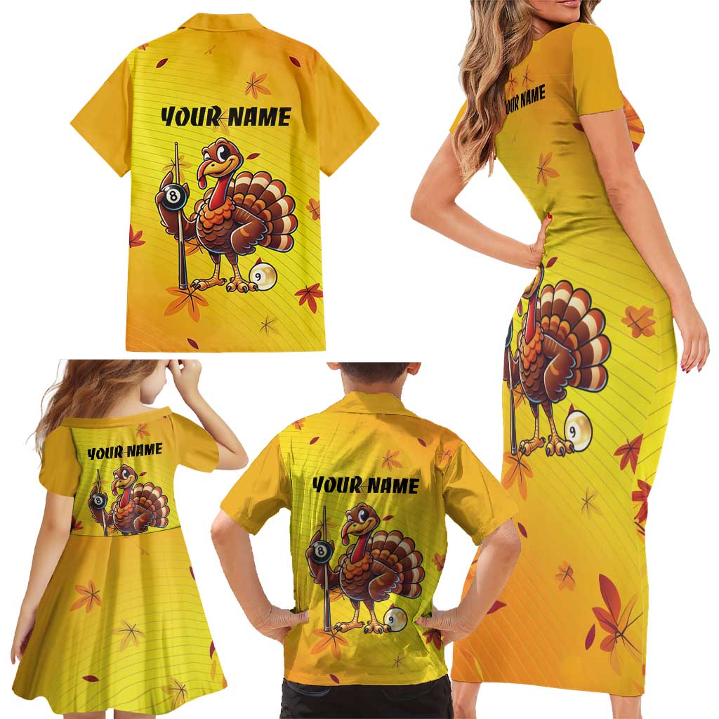 Personalized Funny Turkey Billiards Family Matching Short Sleeve Bodycon Dress and Hawaiian Shirt with Pool Cue and Balls Thanksgiving Design - Wonder Print Shop
