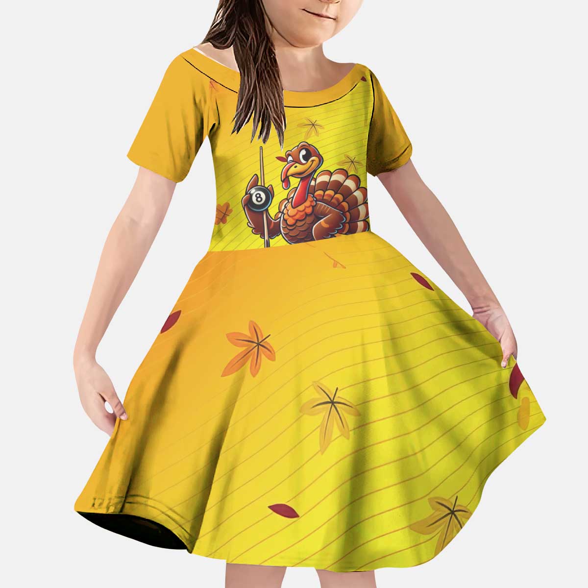 Personalized Funny Turkey Billiards Kid Short Sleeve Dress with Pool Cue and Balls Thanksgiving Design - Wonder Print Shop
