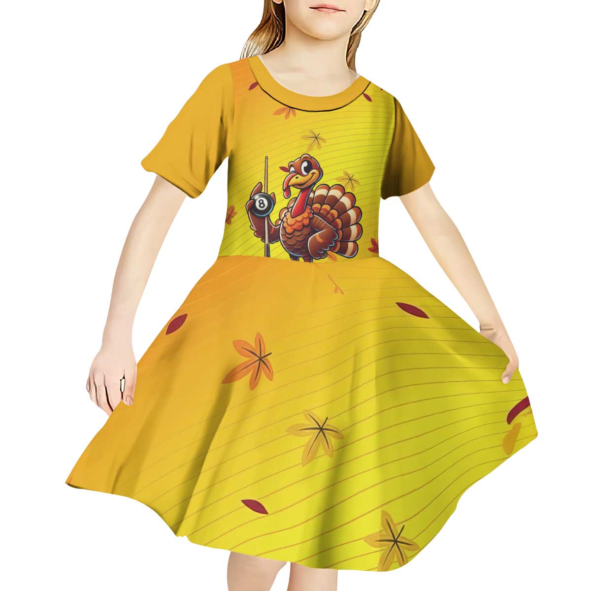 Personalized Funny Turkey Billiards Kid Short Sleeve Dress with Pool Cue and Balls Thanksgiving Design - Wonder Print Shop
