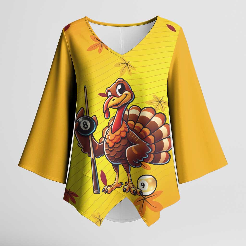 Personalized Funny Turkey Billiards Kimono Sleeve Blouse with Pool Cue and Balls Thanksgiving Design - Wonder Print Shop
