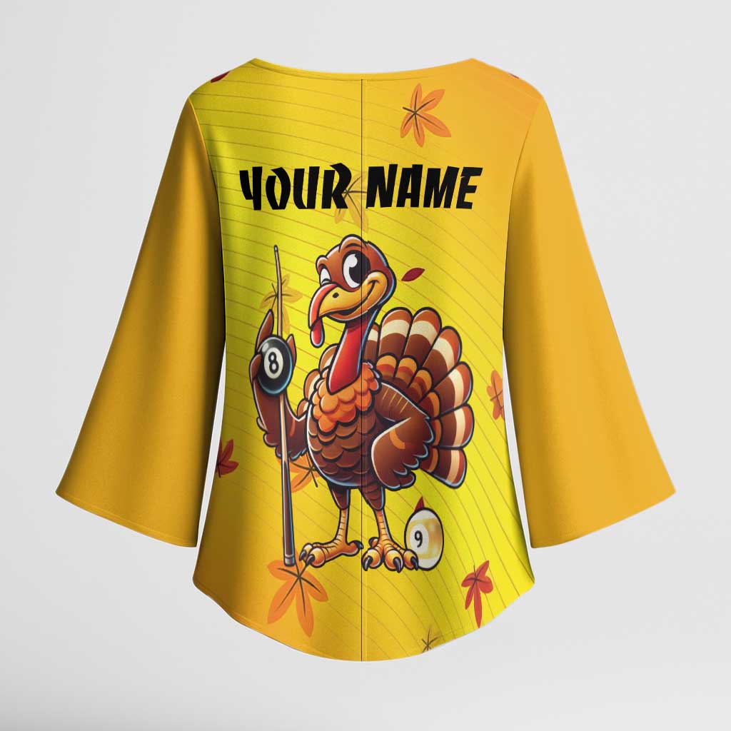 Personalized Funny Turkey Billiards Kimono Sleeve Blouse with Pool Cue and Balls Thanksgiving Design - Wonder Print Shop