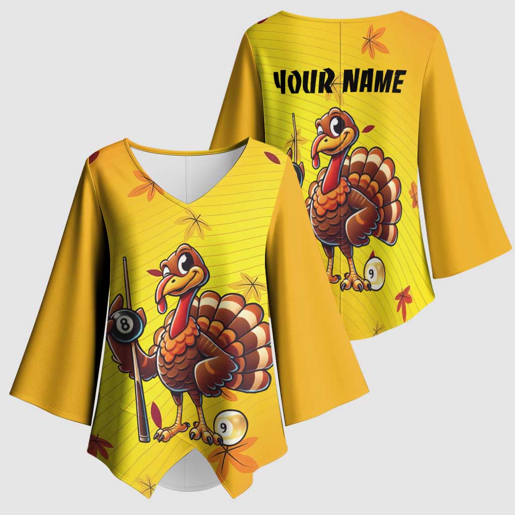 Personalized Funny Turkey Billiards Kimono Sleeve Blouse with Pool Cue and Balls Thanksgiving Design - Wonder Print Shop