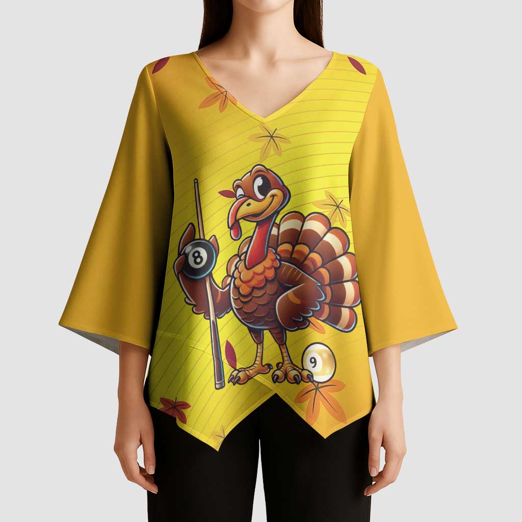 Personalized Funny Turkey Billiards Kimono Sleeve Blouse with Pool Cue and Balls Thanksgiving Design - Wonder Print Shop